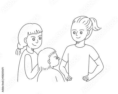 Cartoon outline illustration of family support and emotional care in mental health concept, compassionate listening, family therapy illustration.