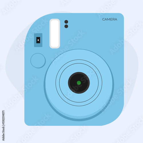 Aesthetic blue Polaroid camera, used to take instant photos. Suitable for nostalgia icons, travel, or capturing moments, flat art design style.
