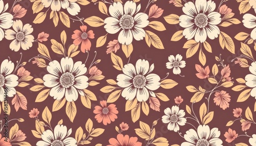 Elegant Floral Pattern Design in Burgundy with White, Peach, and Yellow Flowers