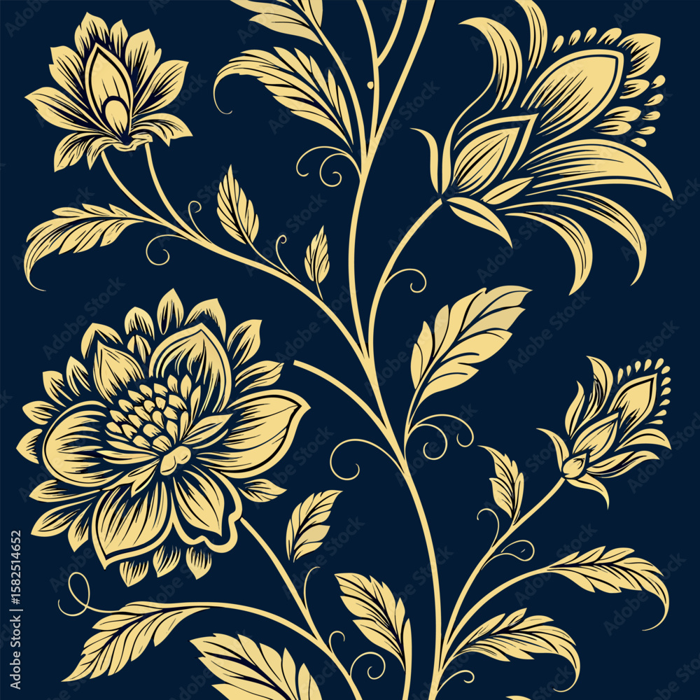 Fototapeta premium Elegant floral pattern in gold and navy seamlessly repeating across the design