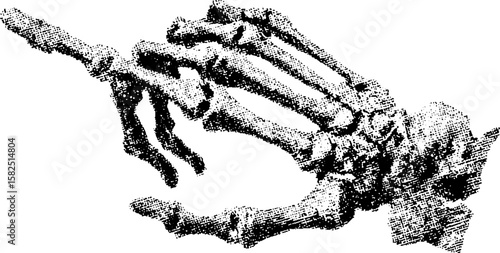 Skeleton hand with pointing finger in vintage stipple engraving style. Anatomy detailed black and white vector illustration.