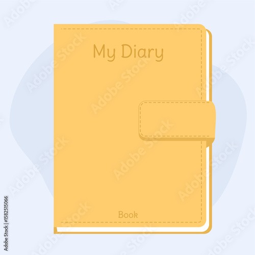 Golden yellow hardcover Diary book with magnetic clasp, suitable for stationery design or personal journal, flat art design style.
