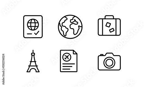 Travel icons set: passport, earth, suitcase, eiffel tower, document, camera
