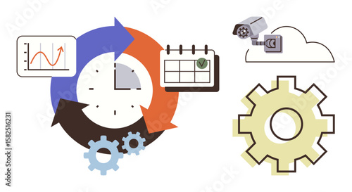 Clock with arrows, data chart, calendar, CCTV camera, cloud, and gear representing workflow, efficiency, monitoring automation organization productivity and analysis. Ideal for operations