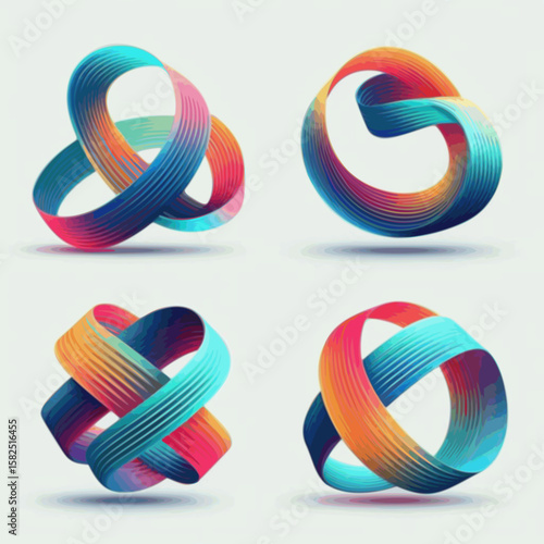 Looping ribbon shapes in rainbow gradient vector style, continuous flow with bright clean look, minimal background.

