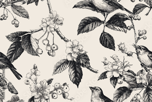 Seamless pattern, vintage hand-drawn autumn leaves, seeds, and delicate birds, elegant black ink outlines, refined botanical etching style, crisp clean vector, balanced composition, pu 