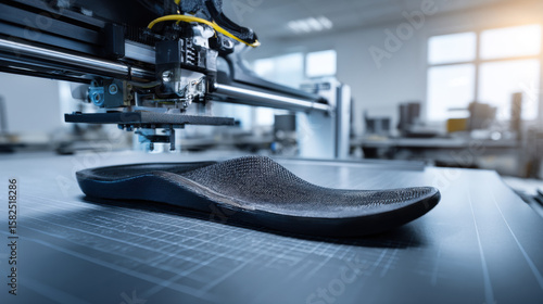 Orthotic Insole, A minimalist 3D illustration of a custom-fit orthotic insole, being printed with a flexible, gel-like polymer. The printer bed shows the ergonomic contours. 