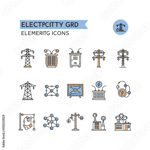 Electricity Grid Icons Power Transmission Substation and Network Elements