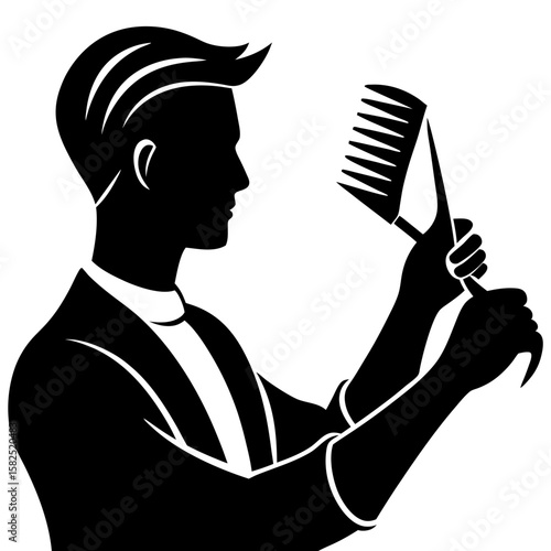 Man combing his hair with a comb silhouette vector illustration