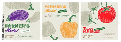 Vegetables. Trendy square posters, covers, banners, flyer for farmers market set. Design template Hand drawn sketch food to the harvest fair collection. Vector illustration eggplant, pepper, tomato