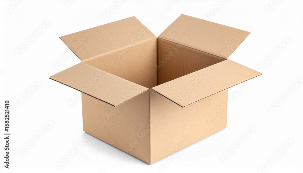Open cardboard box with flaps spread outward on clean white background Open cardboard box with flaps spread outward on clean white background