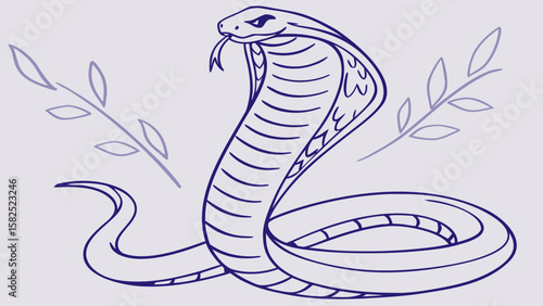 Line drawing of a cobra with its hood spread and two leafy branches on either side of the snake