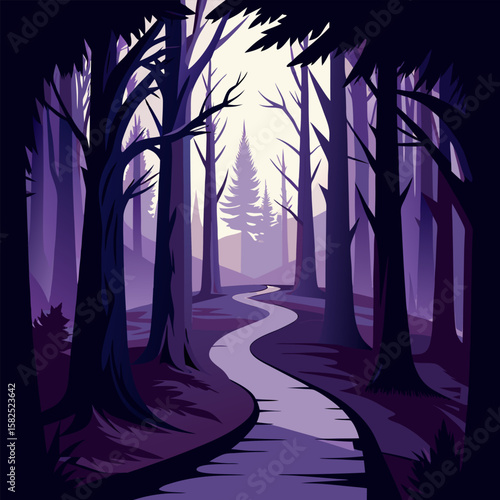Mystical purple forest landscape with winding path and tall trees in a vector illustration