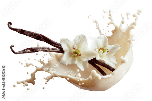 Vanilla pods and flowers in a milk splash