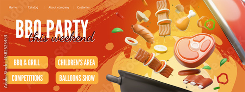 Advertising banner of the website for barbecue party with meat steak, ribs, shashlik on the grill.
