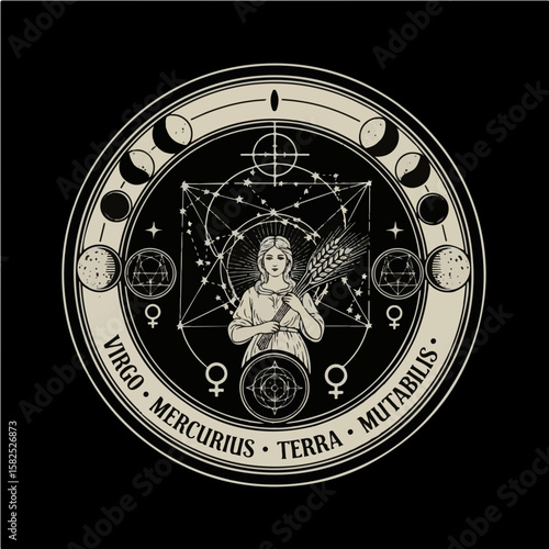 Intricate Virgo maiden design with cosmic elements. Mystical zodiac vector art for astrology.