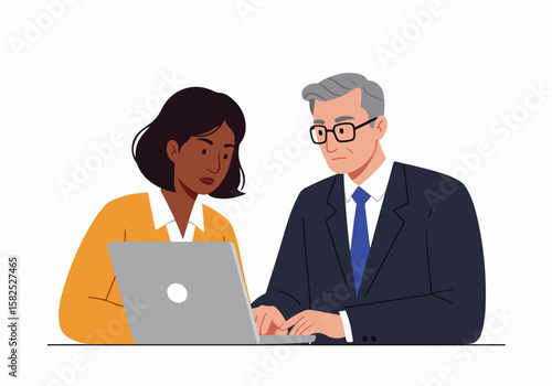 Diverse business partners working together on a project using technology illustration