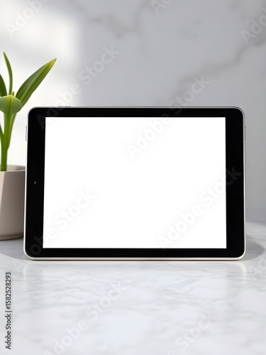 Tablet device displayed with clean blank screen. A digital tablet is shown standing with a blank screen perfect for design presentation display or content mockup use.