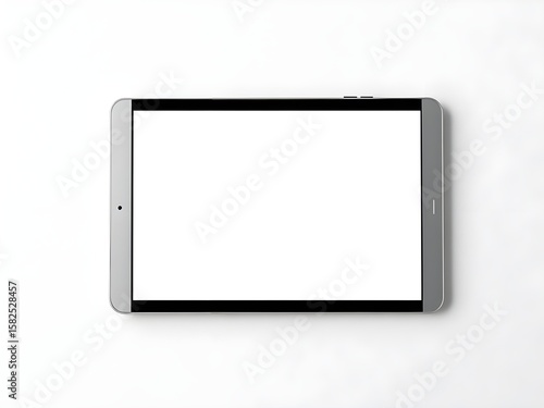 Tablet device displayed with clean blank screen. A digital tablet is shown standing with a blank screen perfect for design presentation display or content mockup use.
