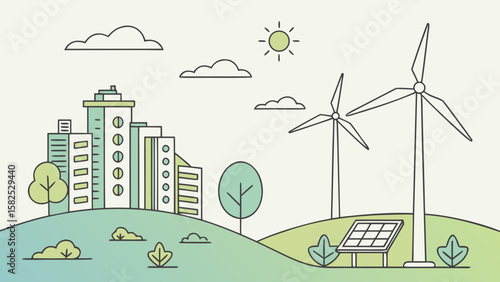 Illustration of a city skyline with wind turbines and solar panels on a green hill landscape view scene