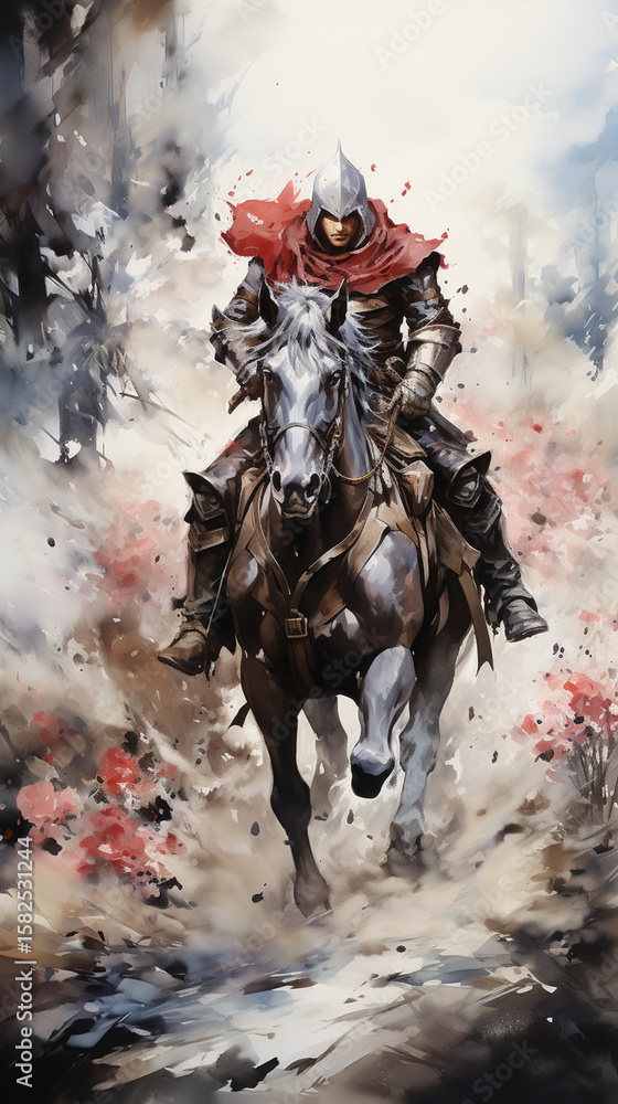 Fototapeta premium Medieval knight design. Watercolor hand painted fairytale illustration. Warrior fantastic clipart isolated on a white background.