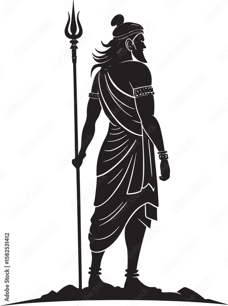 Fototapeta premium Man holding trident standing on rocky ground silhouette