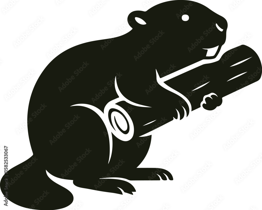 Fototapeta premium Cartoon Beaver Silhouette with Cut Log and Rounded Tail in Side View