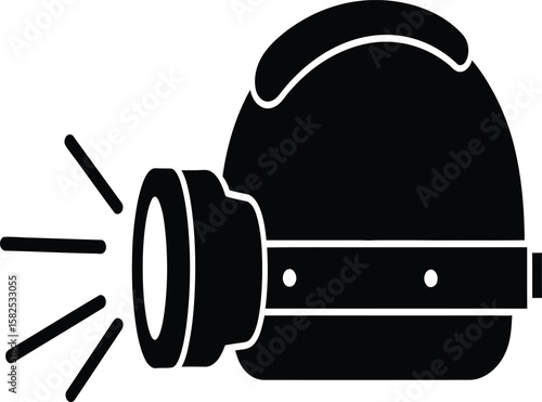 Black and white vector illustration of a headlamp emitting light, designed for hands-free illumination.