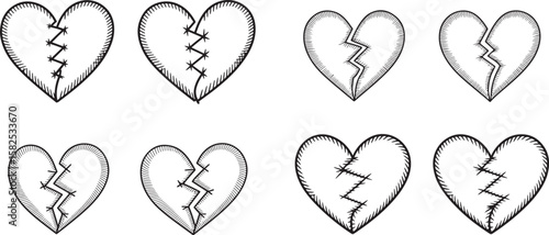 A collection of monochrome broken hearts on a plain backdrop, symbolizing heartbreak and loss