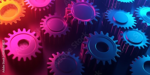 Colorful Neon Gears Abstract Background with Vibrant Pink Blue and Purple Tones