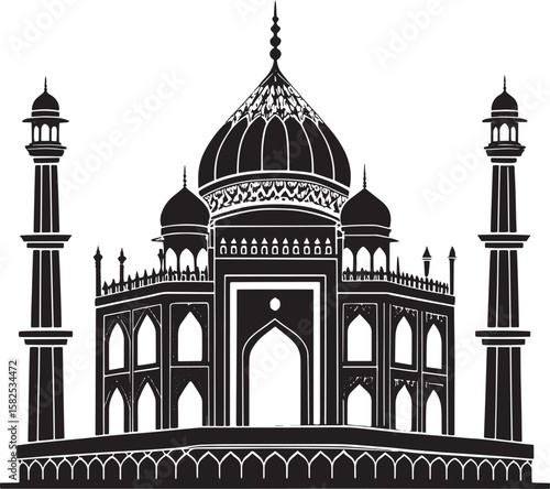 Ornate black mausoleum with minarets and dome architecture