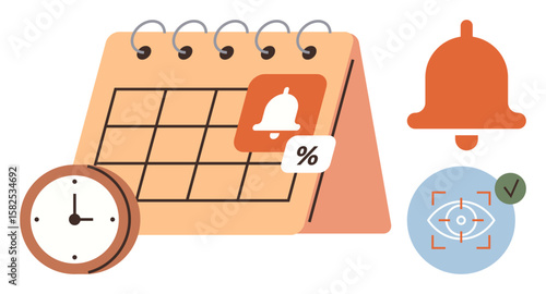 Spiral-bound calendar with clock, alert bell, percentage tag, and eye tracking target. Ideal for time management, event planning, alerts, productivity, reminders segmentation focus simple flat