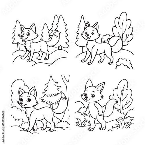 line art cute fox walking in forest set bundle coloring page for kids