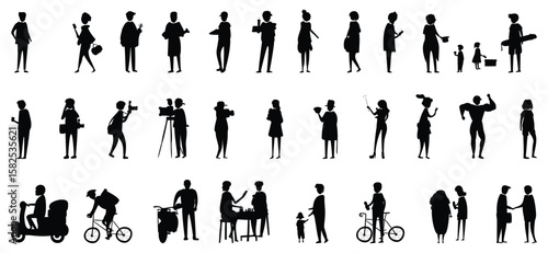 Diverse silhouettes showcase people in various activities and professions vector art.