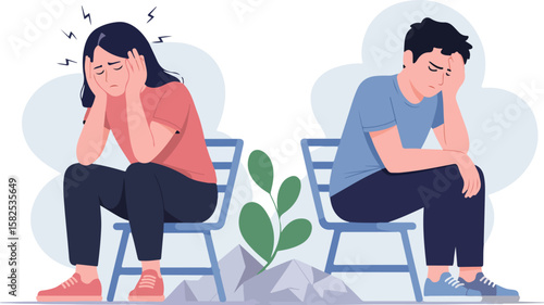 Depicting the emotional distance between a man and a woman, they sit separately on chairs with expressions of stress and despair.