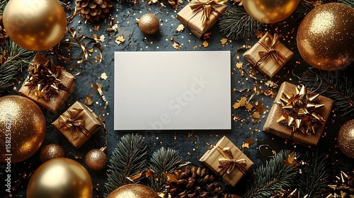 Festive golden holiday decor with blank card for copy space
