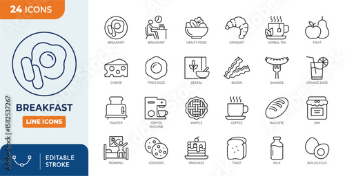Breakfast line editable icon set. Containing morning, bread, coffee, tea, cereals, jam, milk, orange juice, and more. Editable stroke. Vector illustration