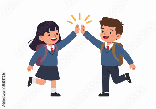 Happy elementary school students high-fiving, showing teamwork and achievement in education.