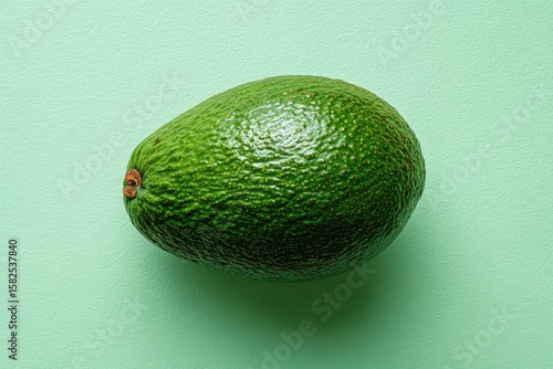 A single, ripe avocado rests on a pale green background, its dark green skin textured and slightly glossy, showing a small reddish-brown stem
