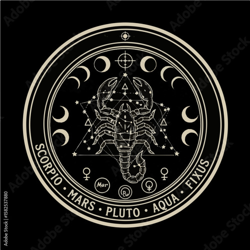 Intricate Scorpio design with cosmic elements. Mystical zodiac vector art for intensity & transformation.