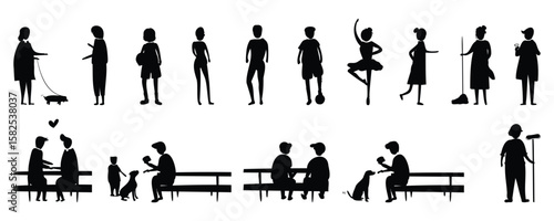 Silhouettes of diverse people showcase various activities and interactions outdoors.