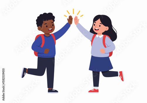 Happy diverse school kids giving a high five celebrating success or friendship. Isolated vector illustration.