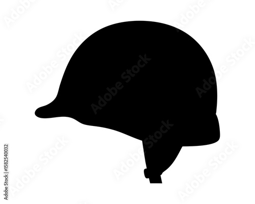 Silhouette of a military style helmet with chinstrap on a white background