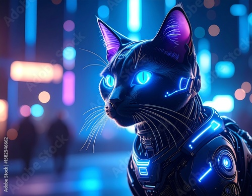 Futuristic cat in neon city