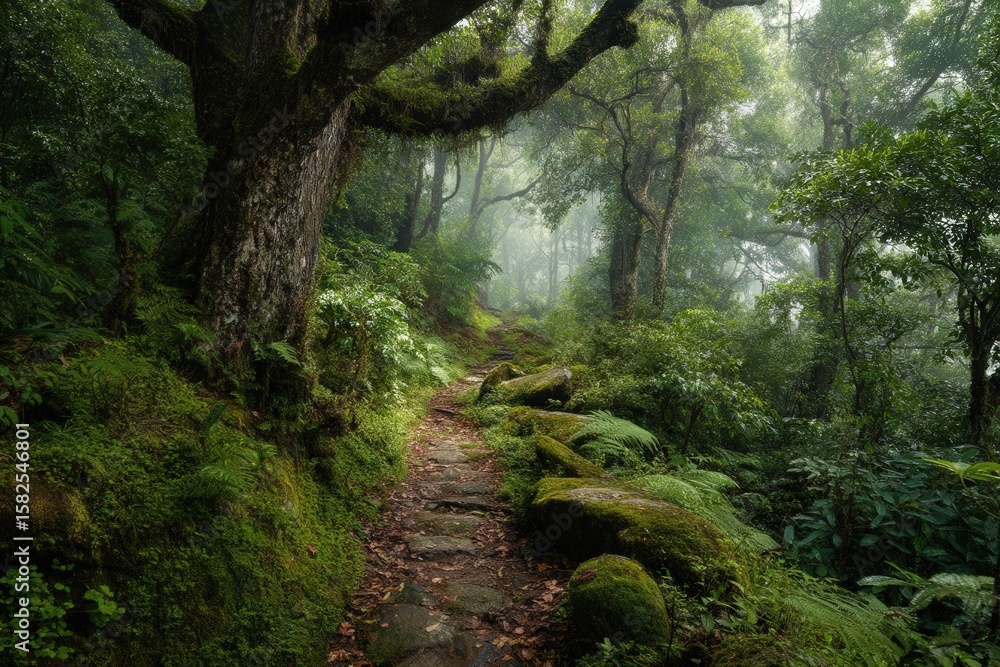 Obraz premium There is a serene path winding through a lush green forest