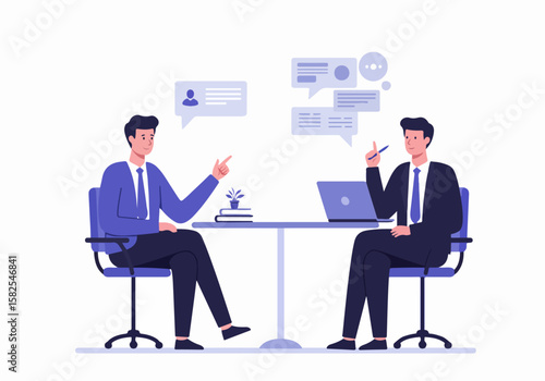 Two businessmen in suits sit at a table, discussing, consulting, or having an interview with speech bubbles above them, representing communication and professional interaction.
