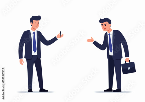 Two businessmen in conflict, one calm with phone, the other angry with briefcase, illustrating disagreement and difficult conversation in a business setting.