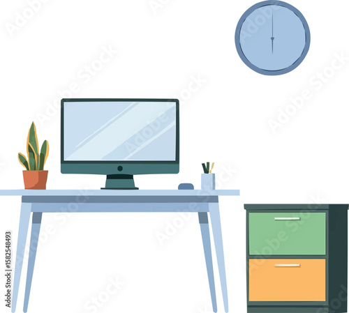 Modern home office setup with computer desk filing cabinet and wall clock