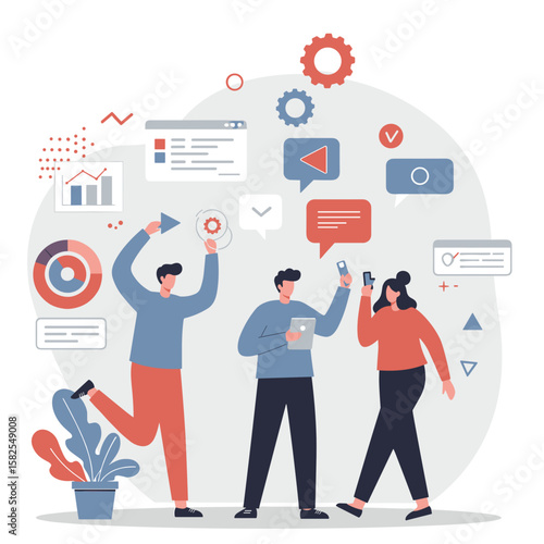 Three people collaborating on digital marketing projects with graphs  