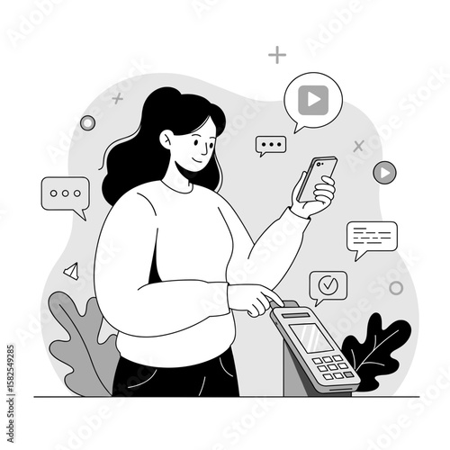 Woman using smartphone while making payment at terminal  